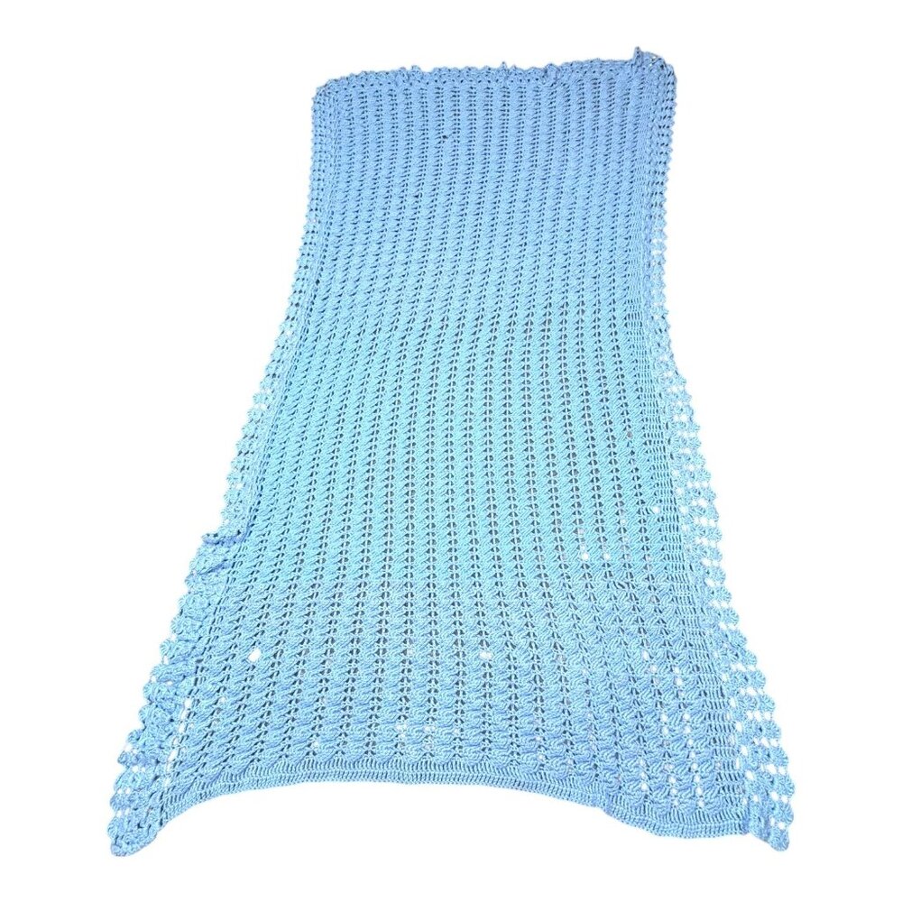 Handmade Blue Crochet Knit Lightweight Summer Shawl Wrap Lap Wheelchair Blanket